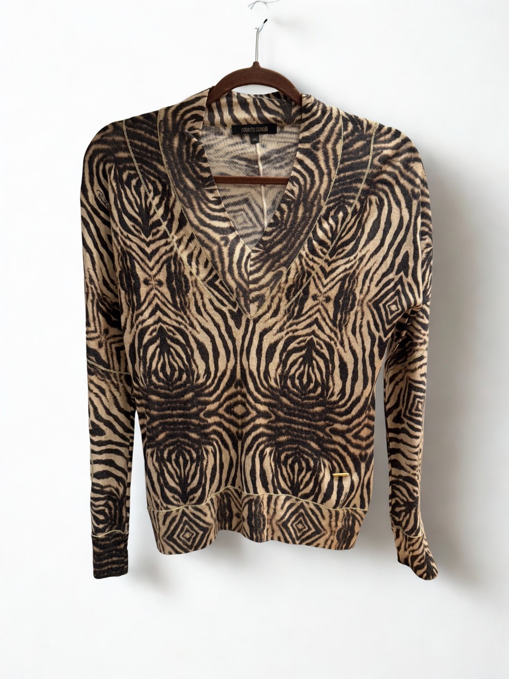 Roberto Cavalli Beige & Brown Animal-Print V-Neck Sweater with Gold Threading, M